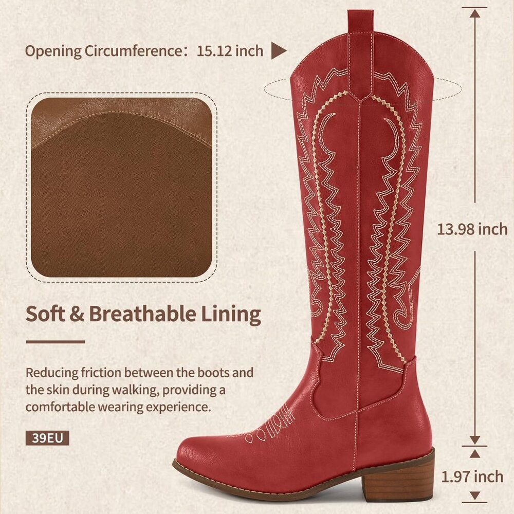 Women's Red Embroidered Knee High Chunky Heel Pointed Zipper Tall Boots - Picture 3 of 7